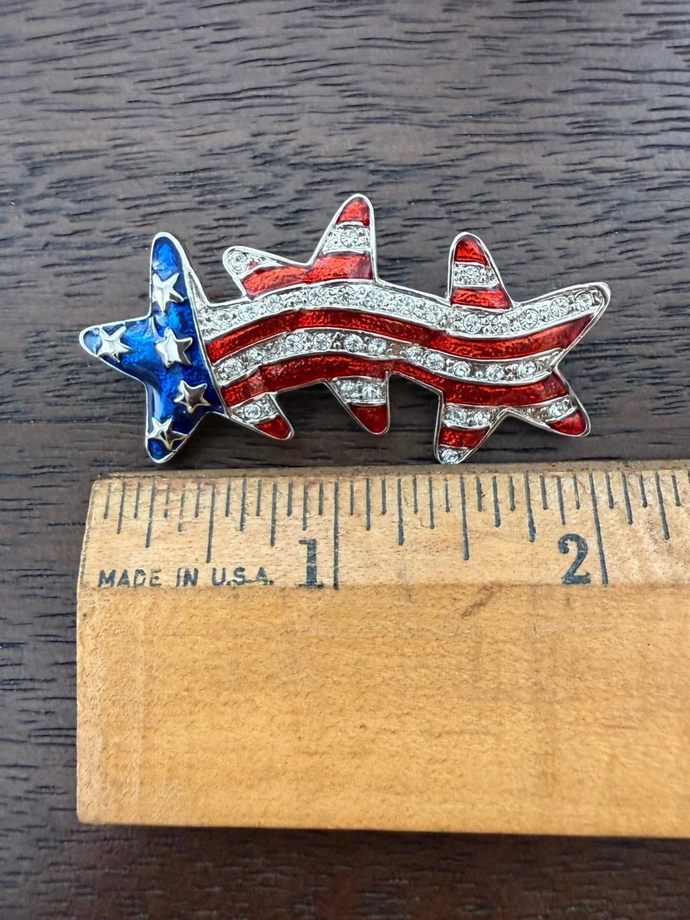 American 3 star enameled red blue rhinestone brooch pin